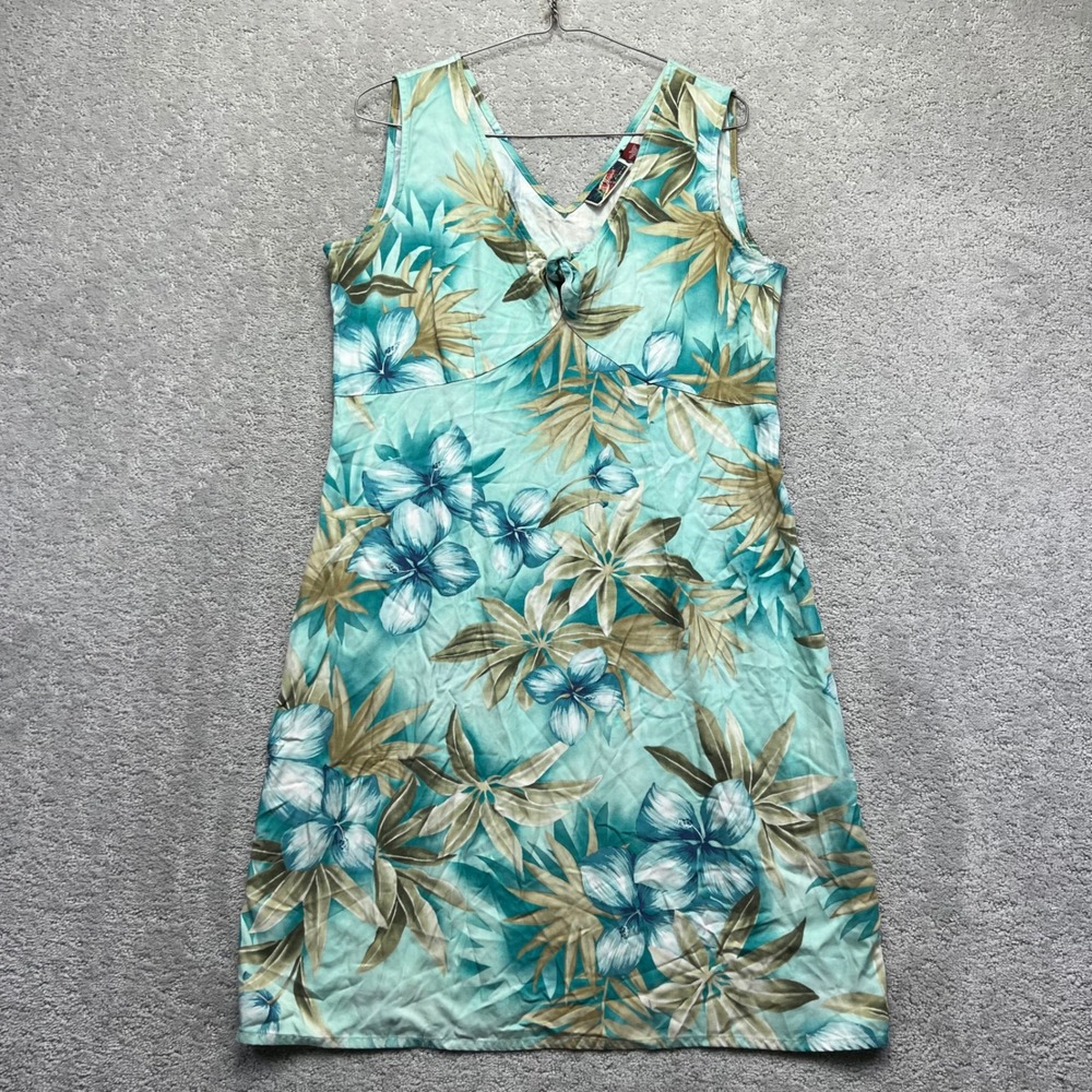 VINTAGE La Cabana Hawaiian Dress Women‎ L Blue Floral Hibiscus Rayon Sleeveless